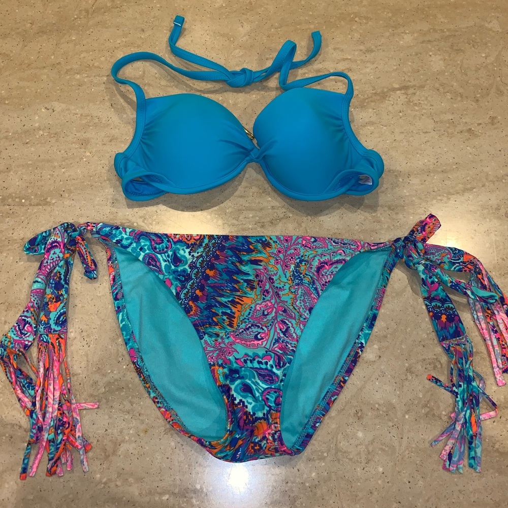 Xhiliration Push-up Bikini and Fringe Print Bottom